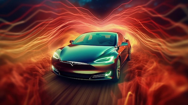 Un'auto modello tesla sta attraversando un tunnel con fiamme e fiamme.