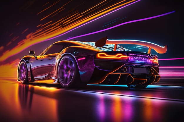 Un'auto moderna a tutta velocità con illuminazione al neon. AI generativa