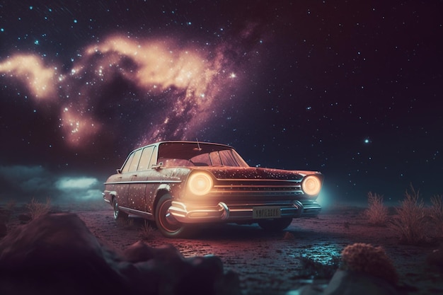 Un'auto nel deserto con le stelle sullo sfondo