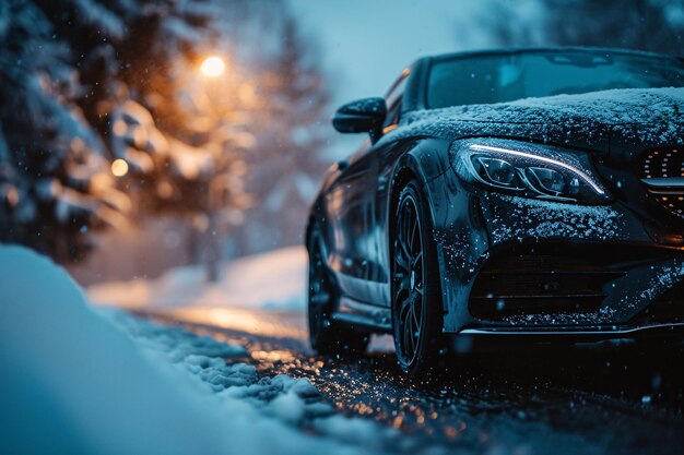 Un'auto nera che guida su una strada innevata di notte AI generativa