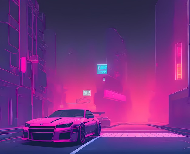 Un'auto parcheggiata sul lato di una strada in una città di notte con luci al neon sugli edifici Ai