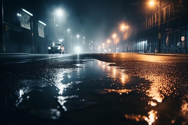 Un'auto percorre una strada bagnata di notte.