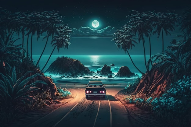 Un'auto rara vicino alle montagne di notte vicino al mare un'immagine fantastica AI generativa