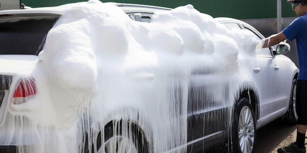 Un'auto ricoperta di schiuma bianca siede davanti a uno sfondo verde.