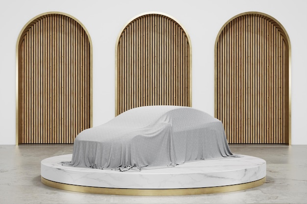 Un'auto ricoperta di stoffa su un podio di marmo bianco con una base d'oro sul pavimento in una scena di studio di lusso
