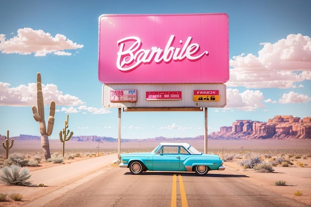 Un'auto rosa è parcheggiata al centro di una strada sabbiosa davanti a un cartellone pubblicitario di Barbie