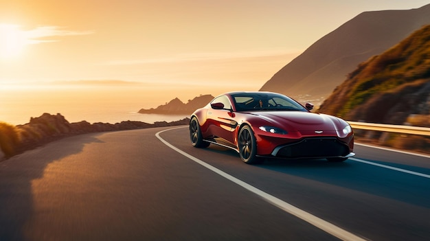 Un'auto rossa aston martin che guida su una strada con un tramonto sullo sfondo.