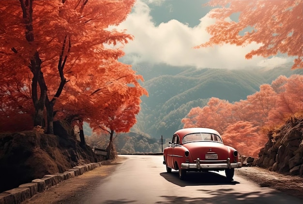 un'auto rossa che percorre una strada ricoperta di foglie autunnali nello stile di paesaggi color pastello