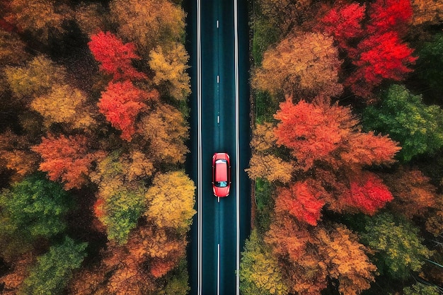 Un'auto rossa percorre l'autostrada attraverso la foresta