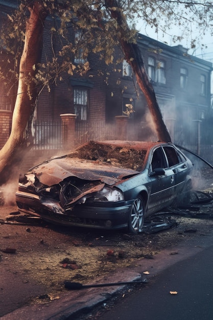 Un'auto schiantata contro un albero dopo la collisione creata con l'IA generativa