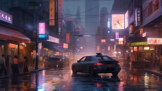 Un'auto sotto la pioggia a Tokyo