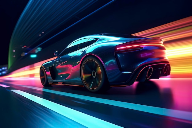 Un'auto sportiva ad alta velocità che guida di notte Immagine generata dalla tecnologia AI