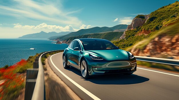 Un'auto sportiva blu che corre su una strada di montagna accanto al mare