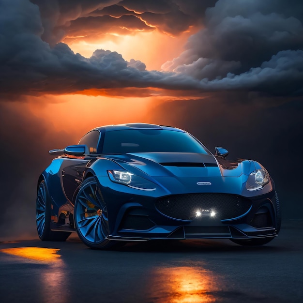 Un'auto sportiva blu con la scritta aston martin sul davanti.