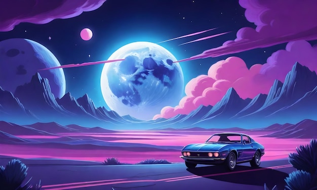 Un'auto sportiva parcheggiata su un paesaggio con tonalità viola e rosa grande luna nel cielo