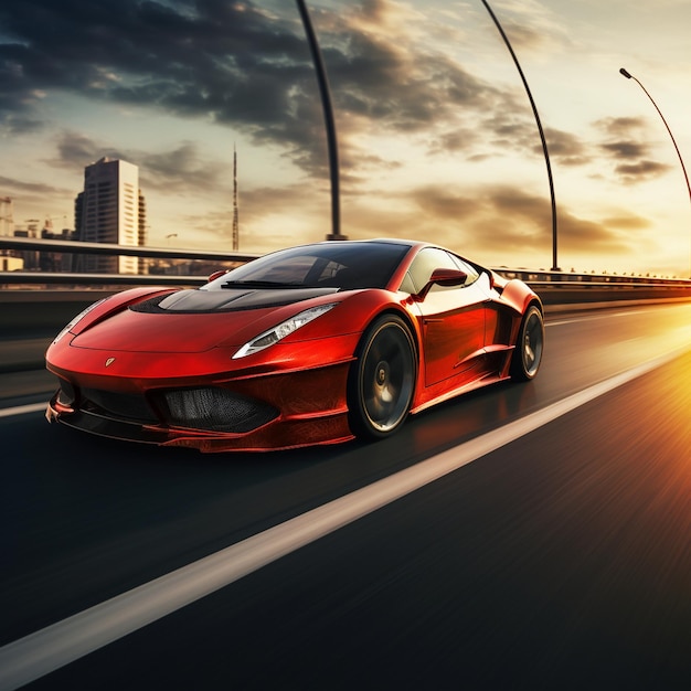 Un'auto sportiva rossa sta guidando lungo la strada con il sole che tramonta dietro di lei.