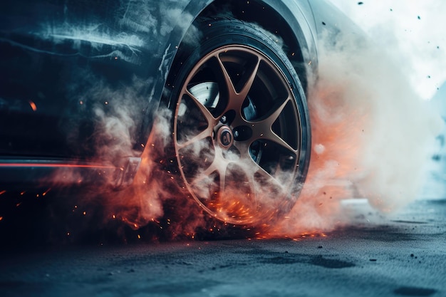 Un'auto sportiva veloce alla deriva su una strada bagnata e innevata con un incendio in un incidente stradale. Ai generativa