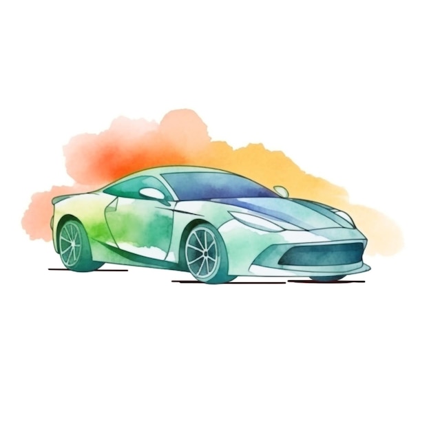 Un'auto sportiva verde con carrozzeria blu e carrozzeria verde è dipinta ad acquerello su sfondo bianco. illustrazione di riserva