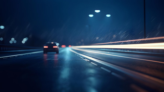 Un'auto su un'autostrada in una notte piovosa vicino a lunghe tracce di esposizione dell'immagine generata dalla rete neurale del traffico