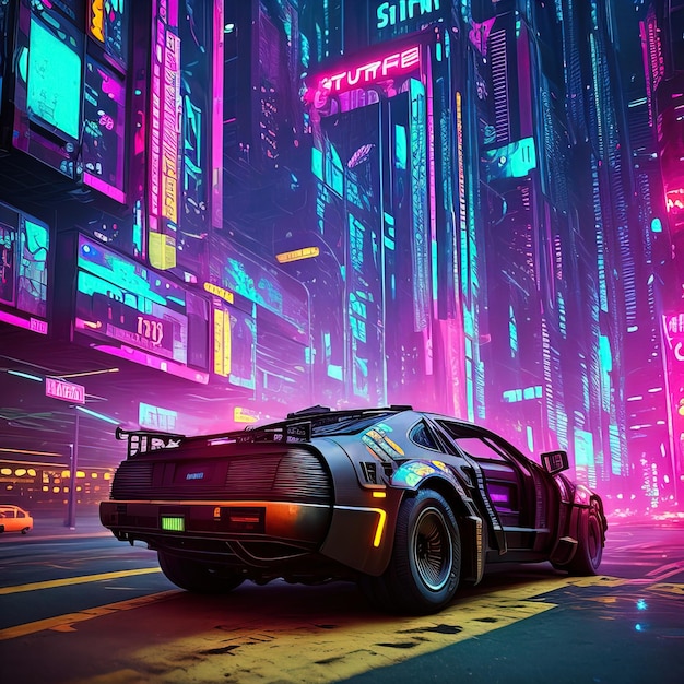 Un'auto su una strada cittadina con luci al neon e un'insegna al neon che dice "cyberpunk"