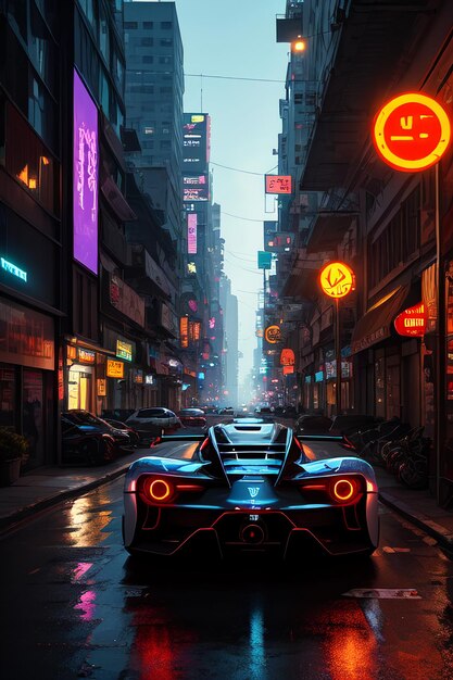 Un'auto su una strada cittadina con un'insegna al neon che dice lamborghini.