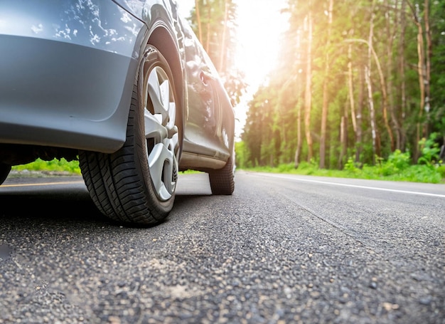 Un'auto su una strada con il sole che splende sul paraurti