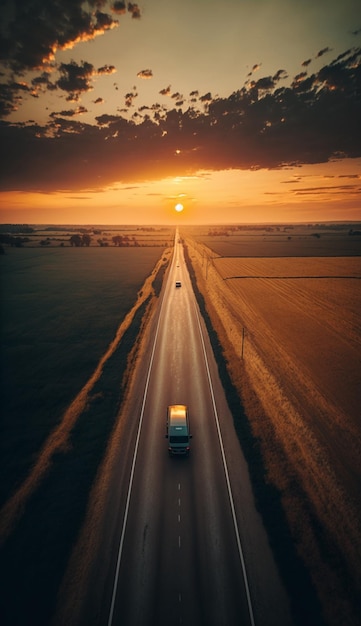 Un'auto su una strada con un tramonto sullo sfondo