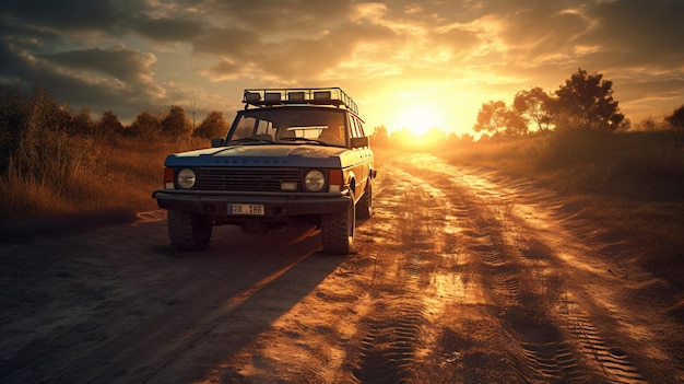 Un'auto su una strada sterrata con il sole che tramonta dietro di essa