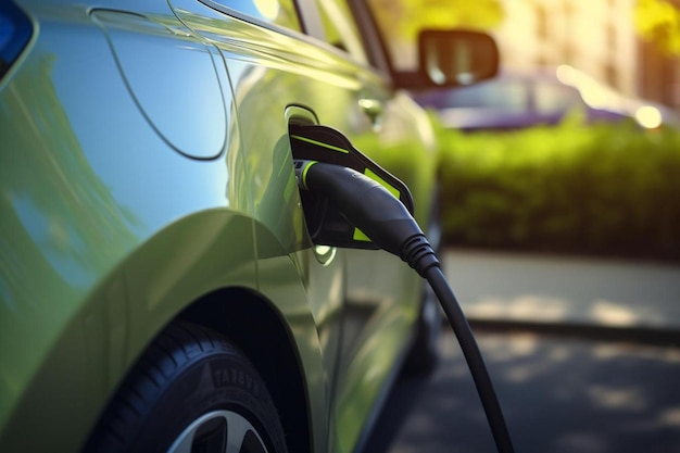 un'auto verde è collegata a una stazione di ricarica