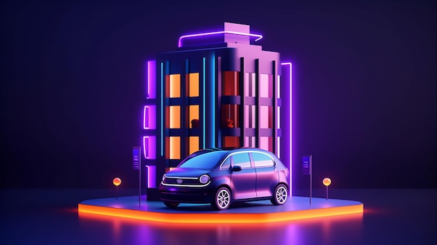 Un'auto viola con luci al neon davanti a un edificio.