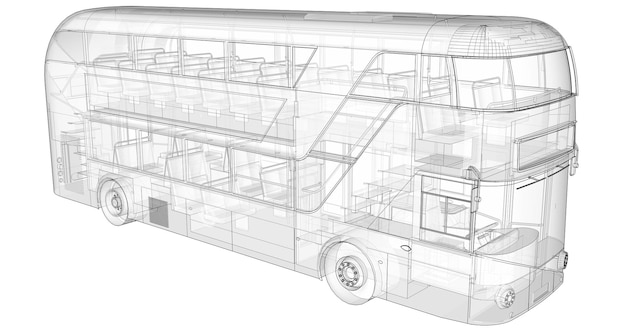 Un autobus a due piani un involucro traslucido sotto il quale molti elementi interni rendering 3d