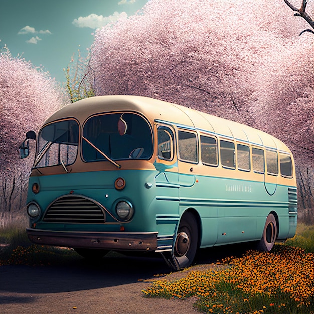 Un autobus blu e giallo è parcheggiato in una foresta con fiori rosa.