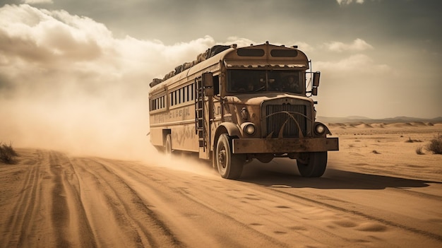 Un autobus che attraversa il deserto con la polvere che vola sullo sfondo