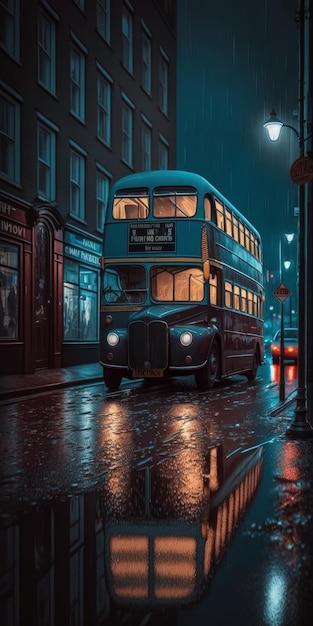 Un autobus che corre nella notte nostalgica nelle strade vuote di Londra che piovono