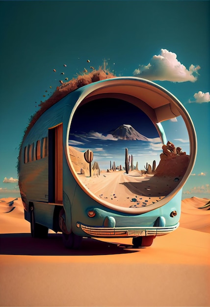 Un autobus con un paesaggio desertico sul lato