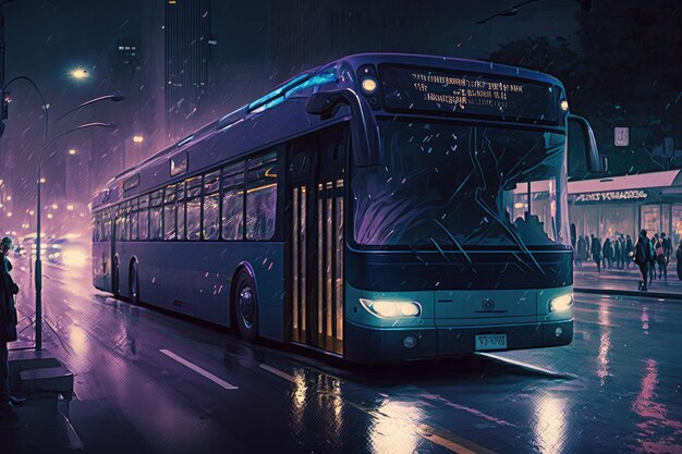 Un autobus in una notte piovosa con la parola autobus sul davanti.