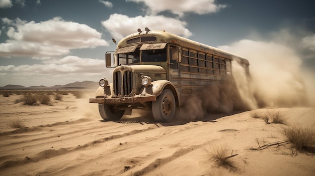 Un autobus nel deserto con la polvere che vola fuori dall'alto