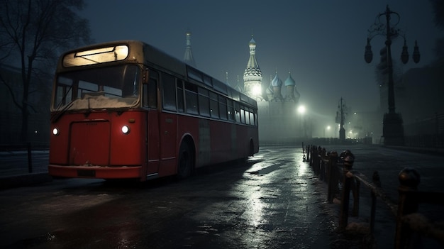 Un autobus rosso percorre una strada nella nebbia.
