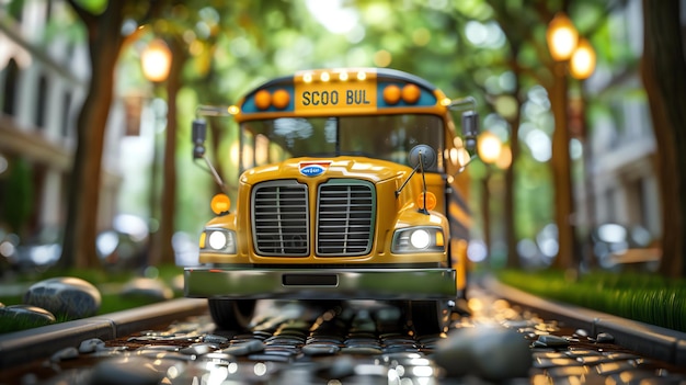 Un autobus scolastico giallo guida lungo una strada alberata L'autobus è a fuoco mentre lo sfondo è sfocato