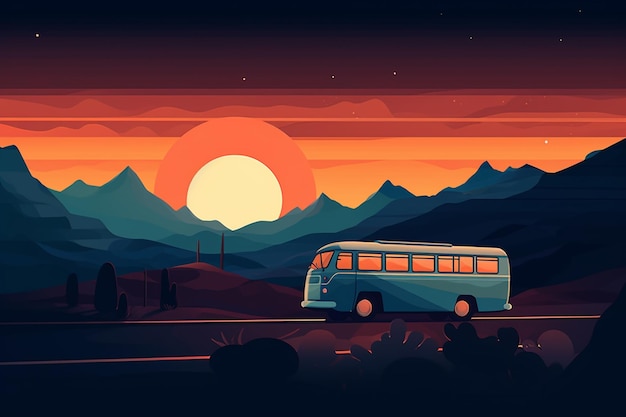 Un autobus su una strada davanti a un tramonto.