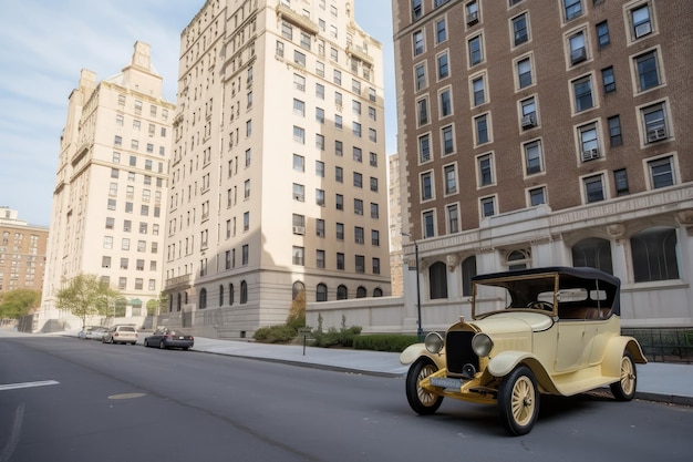 Un'automobile d'epoca che percorre una trafficata strada urbana