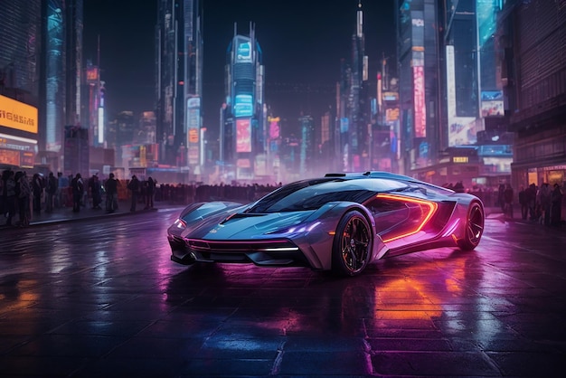 un'automobile sportiva futuristica in una città al neon e uno scenario urbano cyberpunk con auto