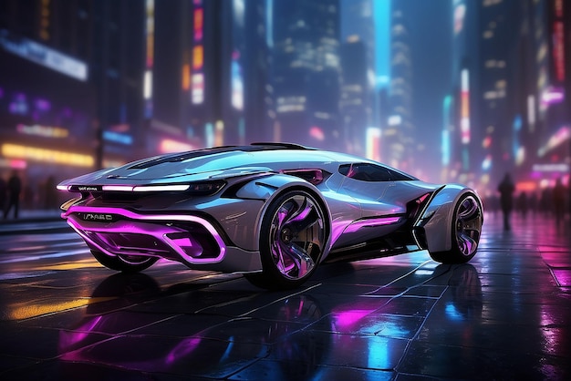 un'automobile sportiva futuristica in una città al neon e uno scenario urbano cyberpunk con auto