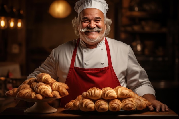 Un autoritratto di un fornaio che tiene un vassoio di croissant appena cotti con un sorriso soddisfatto