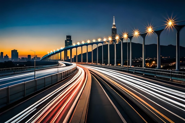 Un'autostrada con luci accese e un ponte con una città sullo sfondo