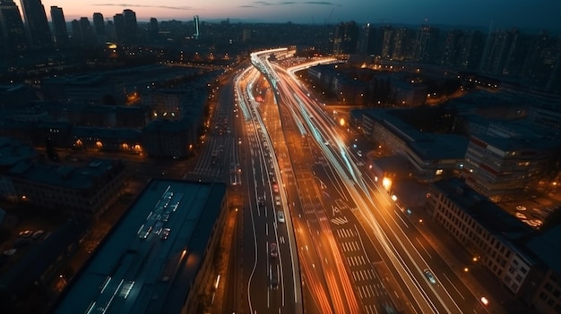 Un'autostrada con molte luci e un edificio di notte