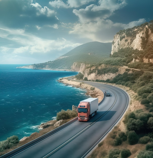 Un'autostrada con un autobus e montagne sullo sfondo.