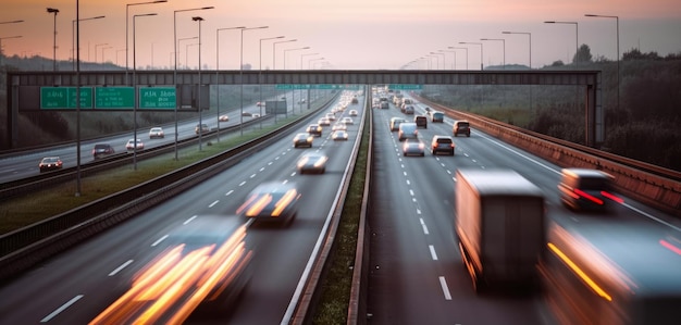 Un'autostrada con un ponte sullo sfondo