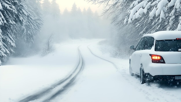 Un'autostrada coperta di neve in inverno un'auto sul lato della strada a causa di forti nevicate maltempo Generazione AI