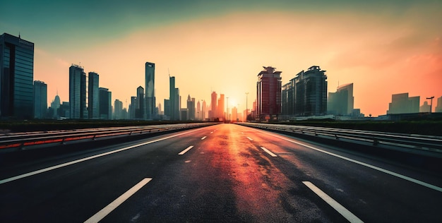 Un'autostrada deserta al tramonto con uno skyline vuoto dietro di essa